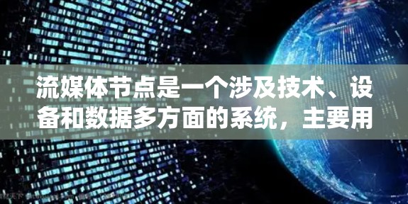 流媒体节点是一个涉及技术、设备和数据多方面的系统,主要用于存储、传输和访问各种媒体内容。以下是对流媒体节点的详细介绍